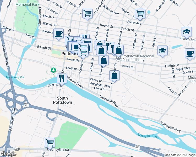 map of restaurants, bars, coffee shops, grocery stores, and more near 151 South Franklin Street in Pottstown