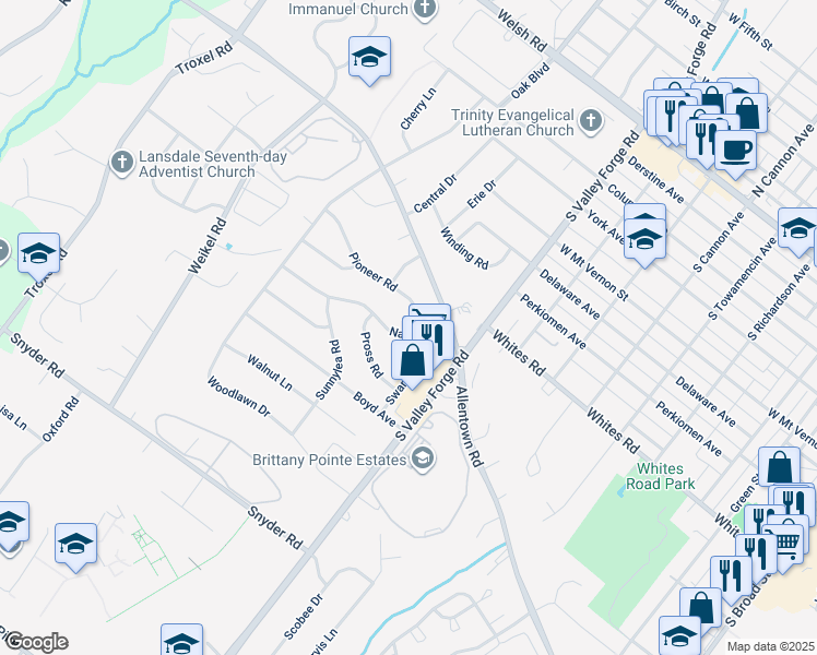 map of restaurants, bars, coffee shops, grocery stores, and more near 1031 Nash Avenue in Lansdale