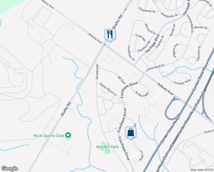 map of restaurants, bars, coffee shops, grocery stores, and more near 34 Santa Rosa Lane in Tinton Falls