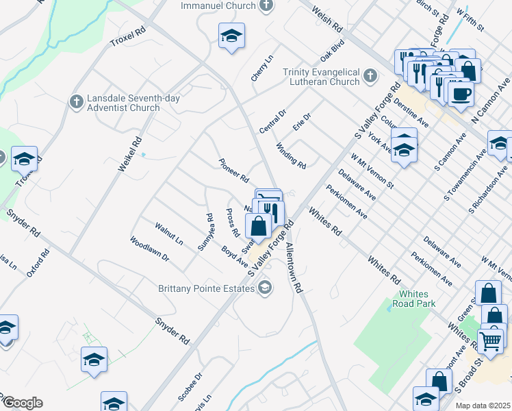 map of restaurants, bars, coffee shops, grocery stores, and more near 1031 Nash Avenue in Lansdale