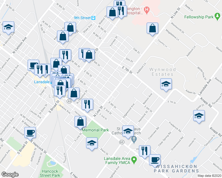 map of restaurants, bars, coffee shops, grocery stores, and more near 227 East 5th Street in Lansdale