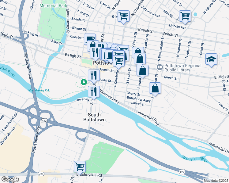 map of restaurants, bars, coffee shops, grocery stores, and more near 300 Cherry Street in Pottstown