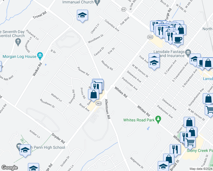 map of restaurants, bars, coffee shops, grocery stores, and more near 1033 Allentown Road in Lansdale