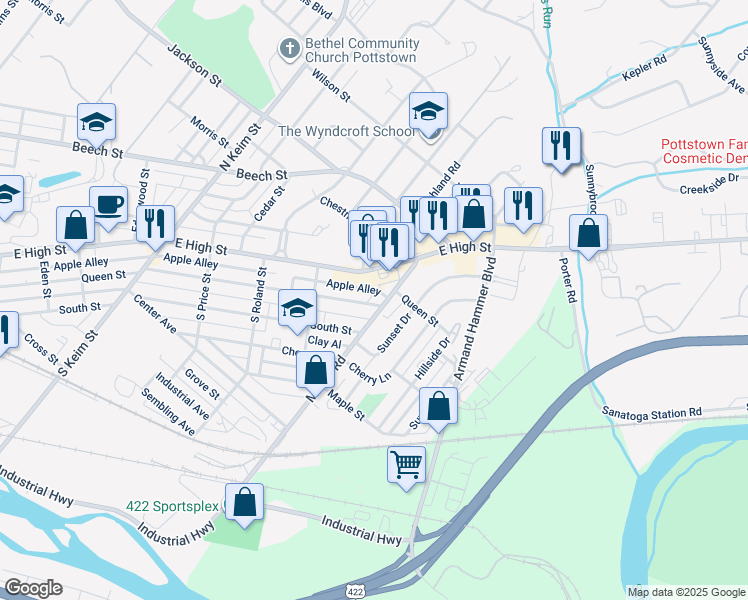 map of restaurants, bars, coffee shops, grocery stores, and more near 1397 Queen Street in Pottstown