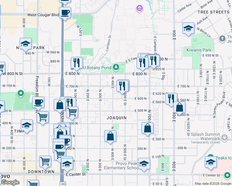 map of restaurants, bars, coffee shops, grocery stores, and more near 429 East 600 North in Provo