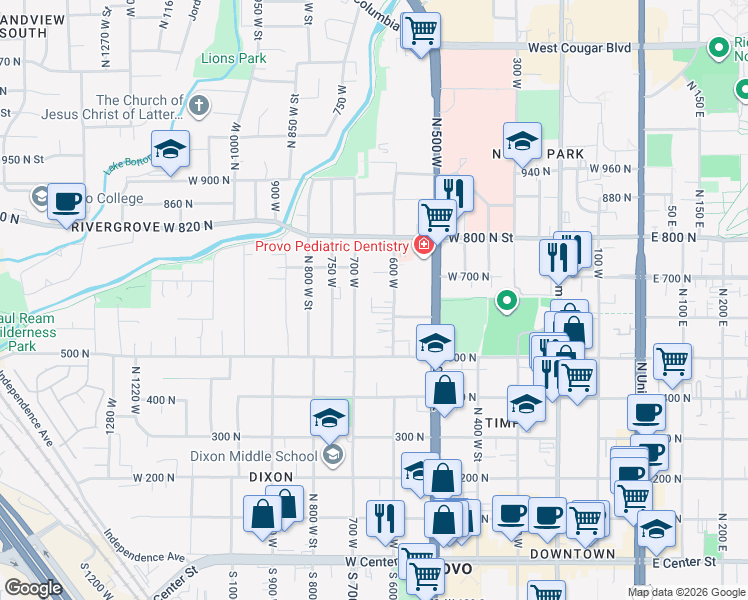 map of restaurants, bars, coffee shops, grocery stores, and more near 630 700 West in Provo