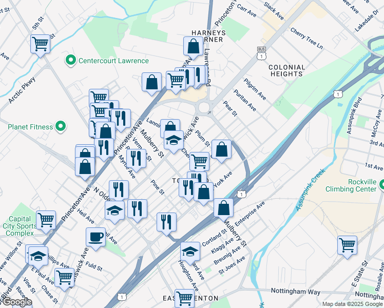 map of restaurants, bars, coffee shops, grocery stores, and more near 1102 Indiana Avenue in Trenton