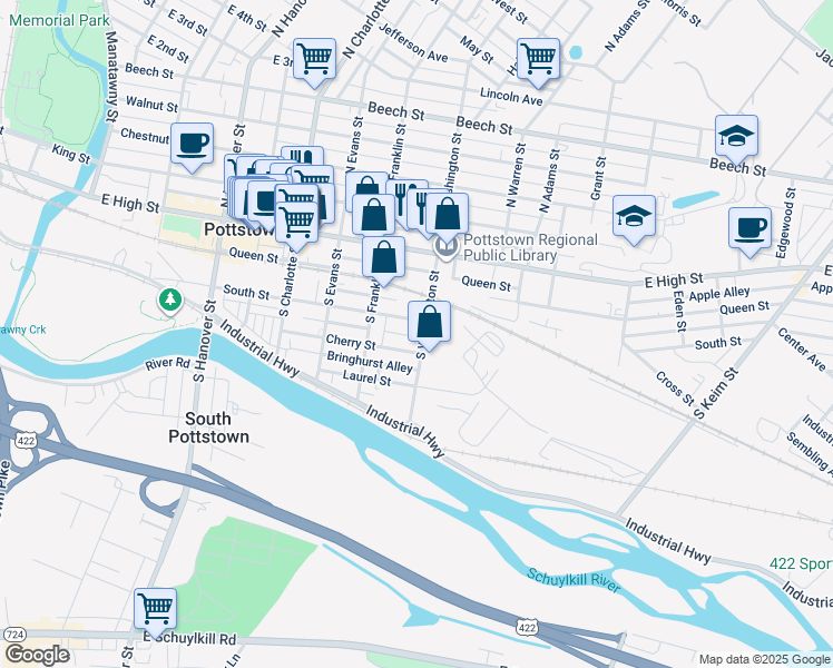 map of restaurants, bars, coffee shops, grocery stores, and more near 437 Cherry Street in Pottstown