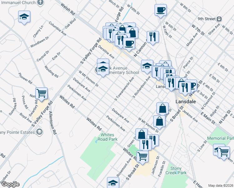 map of restaurants, bars, coffee shops, grocery stores, and more near 325 South Towamencin Avenue in Lansdale