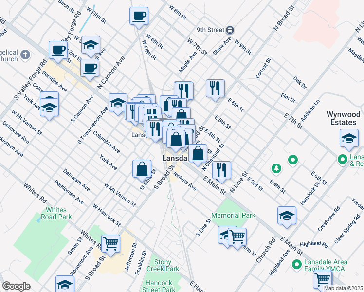 map of restaurants, bars, coffee shops, grocery stores, and more near in Lansdale