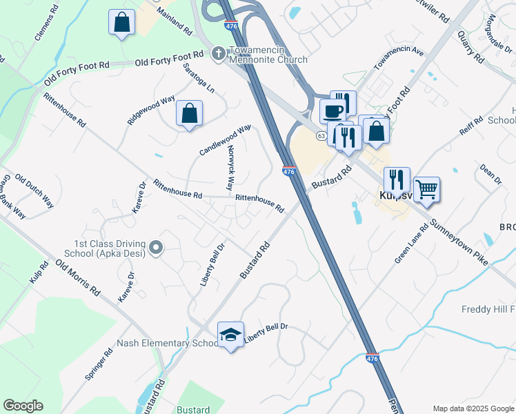 map of restaurants, bars, coffee shops, grocery stores, and more near 105 Runnymede Ct in Harleysville