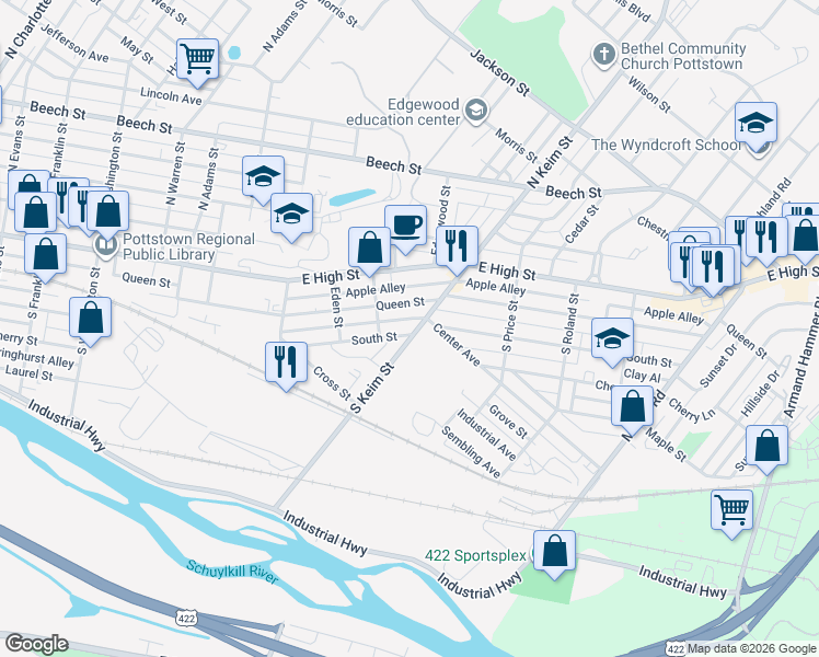 map of restaurants, bars, coffee shops, grocery stores, and more near 933 South Street in Pottstown