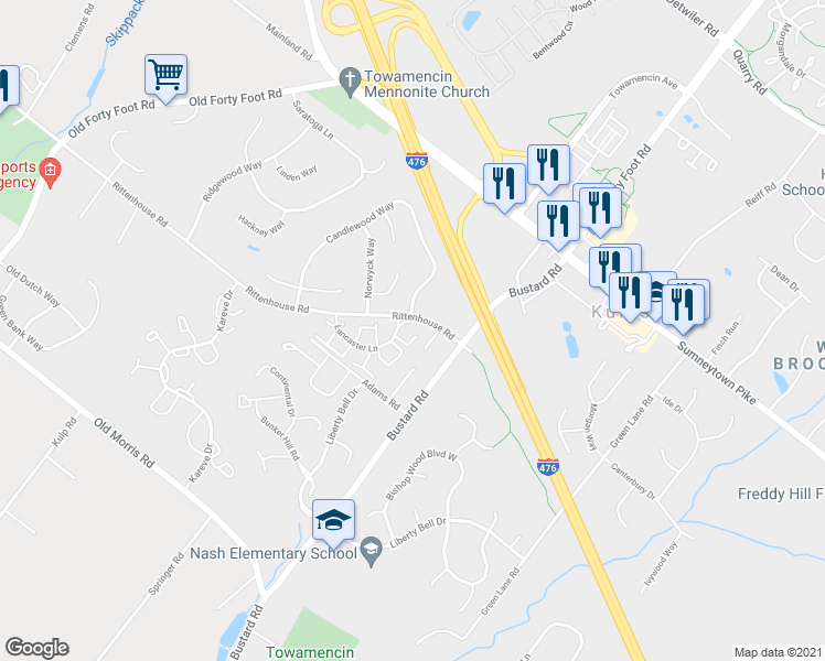 map of restaurants, bars, coffee shops, grocery stores, and more near 105 Runnymede Ct in Harleysville