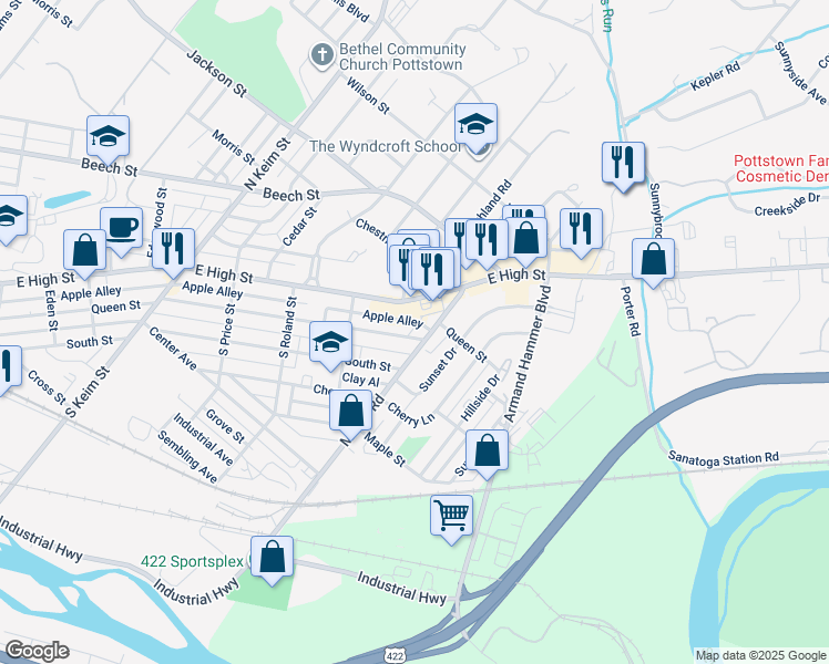 map of restaurants, bars, coffee shops, grocery stores, and more near 1397 Queen Street in Pottstown