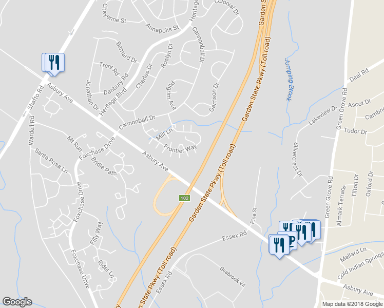 map of restaurants, bars, coffee shops, grocery stores, and more near 68 Frontier Way in Tinton Falls
