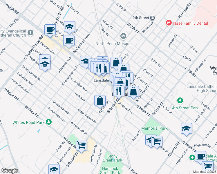 map of restaurants, bars, coffee shops, grocery stores, and more near 80 West Main Street in Lansdale