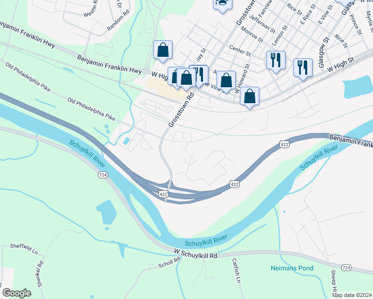 map of restaurants, bars, coffee shops, grocery stores, and more near 530 Old Reading Pike in Stowe