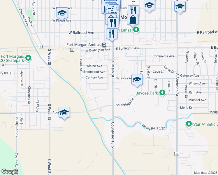 map of restaurants, bars, coffee shops, grocery stores, and more near 326 Landmark Drive in Fort Morgan