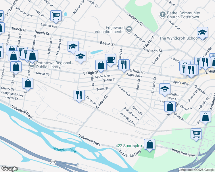 map of restaurants, bars, coffee shops, grocery stores, and more near 933 South Street in Pottstown