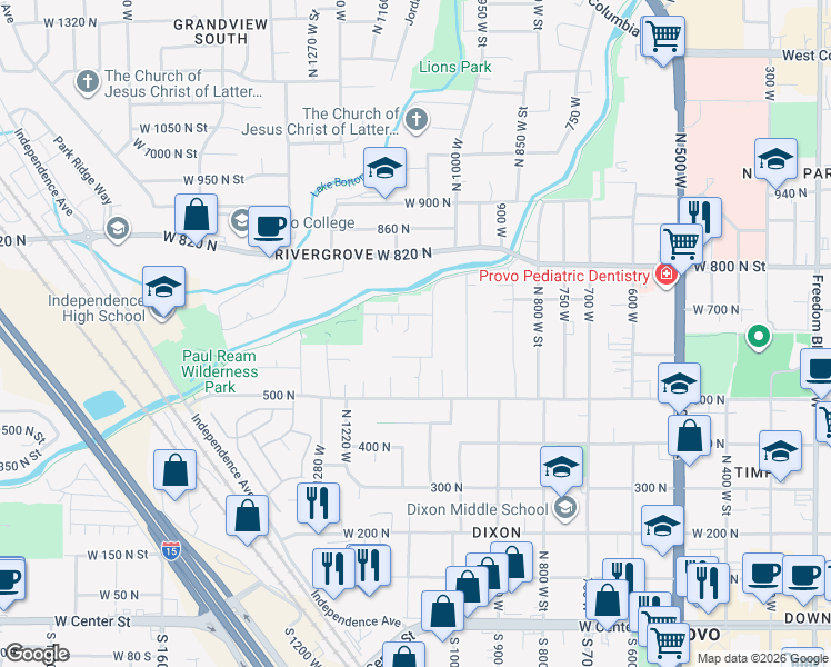 map of restaurants, bars, coffee shops, grocery stores, and more near 620 1100 West in Provo
