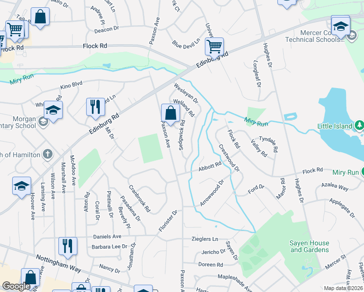 map of restaurants, bars, coffee shops, grocery stores, and more near 10 Sedgwick Road in Hamilton Township