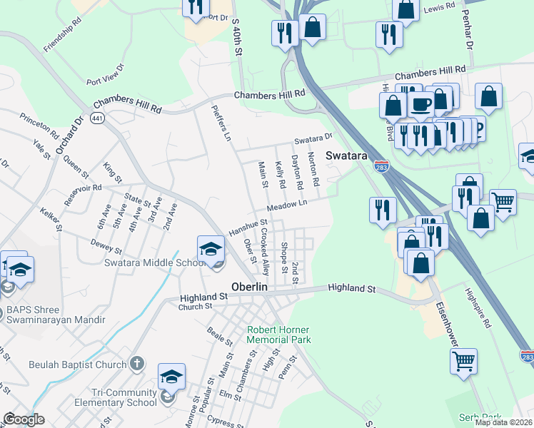 map of restaurants, bars, coffee shops, grocery stores, and more near 1293 Main Street in Bressler-Enhaut-Oberlin