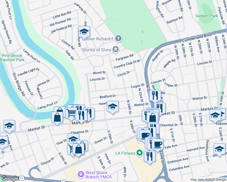 map of restaurants, bars, coffee shops, grocery stores, and more near 3417 Logan Street in Camp Hill