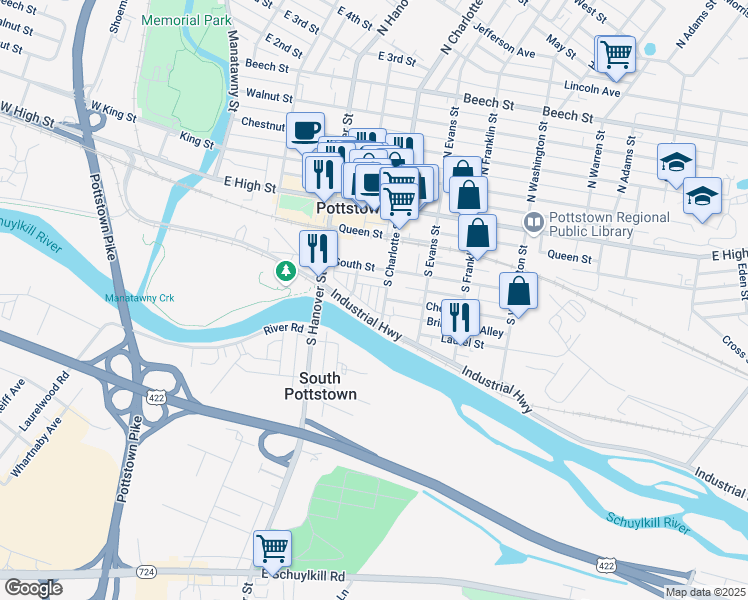 map of restaurants, bars, coffee shops, grocery stores, and more near 300 Cherry Street in Pottstown