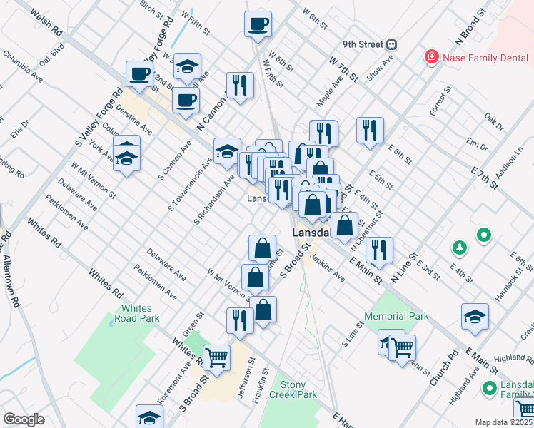 map of restaurants, bars, coffee shops, grocery stores, and more near 35 Green Street in Lansdale