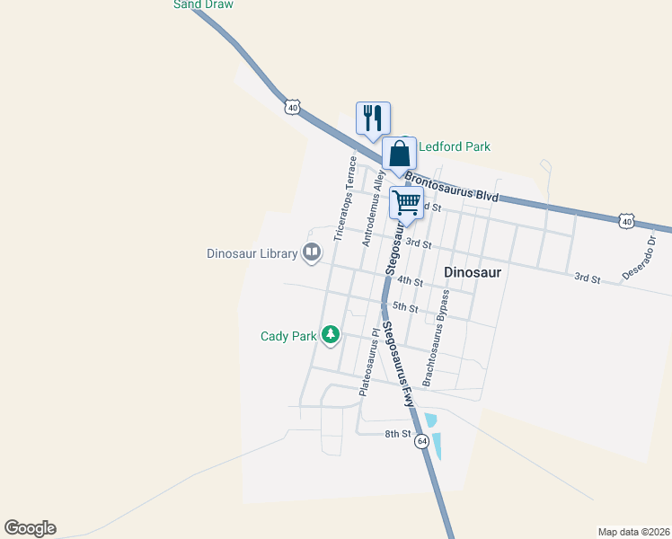 map of restaurants, bars, coffee shops, grocery stores, and more near 401-409 Antrodemus Alley in Dinosaur