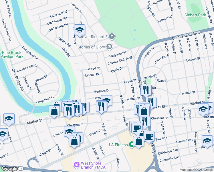 map of restaurants, bars, coffee shops, grocery stores, and more near 3417 Logan Street in Camp Hill