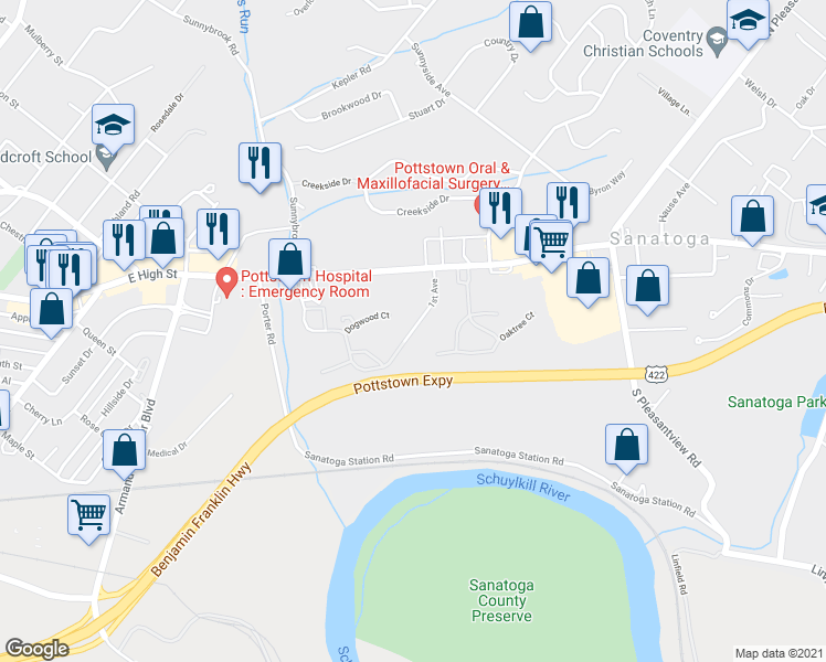 map of restaurants, bars, coffee shops, grocery stores, and more near 118 1st Avenue in Pottstown