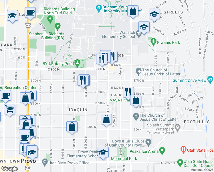 map of restaurants, bars, coffee shops, grocery stores, and more near 659 North 700 East in Provo
