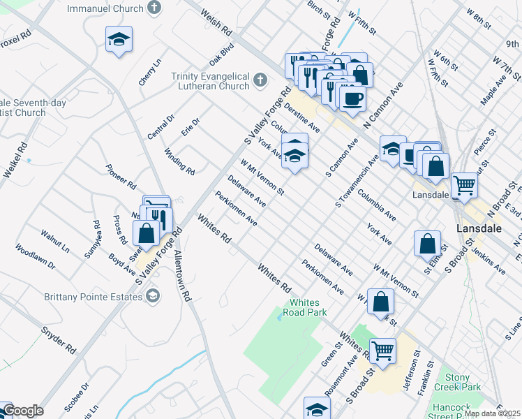map of restaurants, bars, coffee shops, grocery stores, and more near 638 Delaware Avenue in Lansdale
