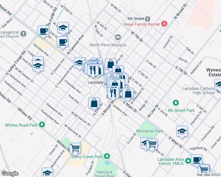 map of restaurants, bars, coffee shops, grocery stores, and more near 109 Walnut Street in Lansdale