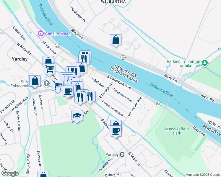 map of restaurants, bars, coffee shops, grocery stores, and more near 109 Longshore Avenue in Yardley