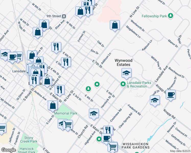 map of restaurants, bars, coffee shops, grocery stores, and more near 601 Pacific Avenue in Lansdale