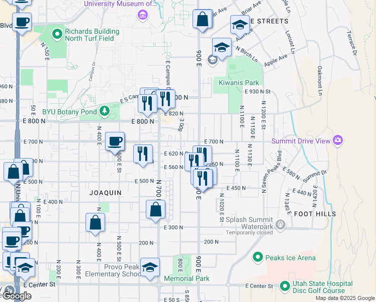 map of restaurants, bars, coffee shops, grocery stores, and more near 595 900 East in Provo