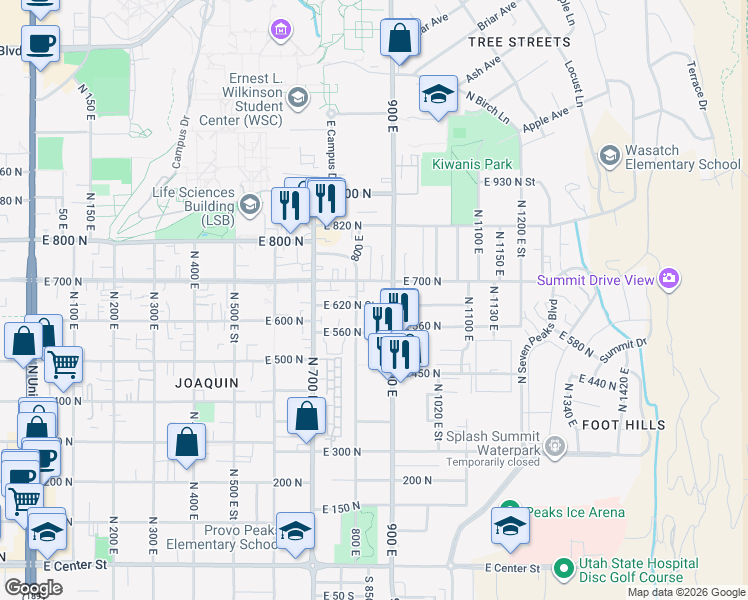 map of restaurants, bars, coffee shops, grocery stores, and more near 595 900 East in Provo