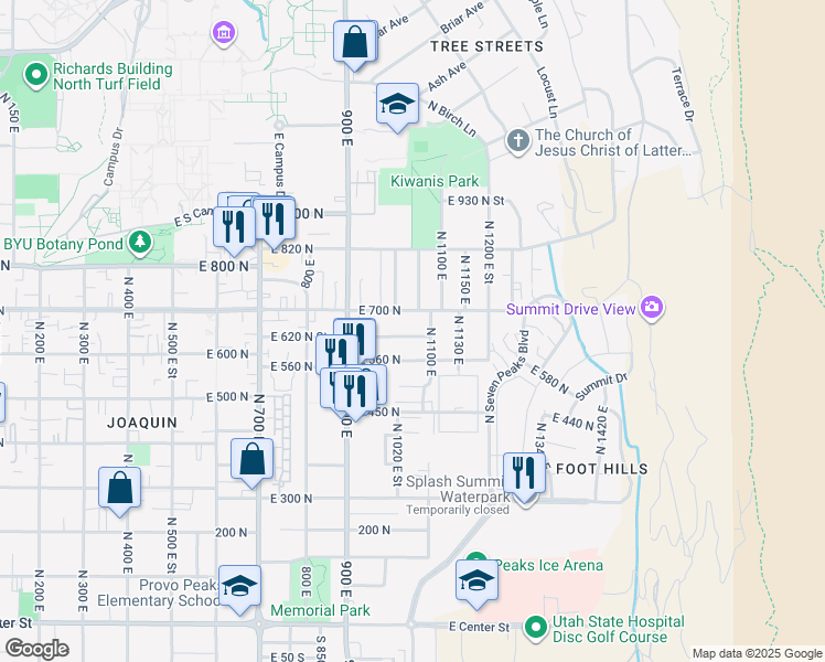 map of restaurants, bars, coffee shops, grocery stores, and more near 1065 East 620 North Street in Provo