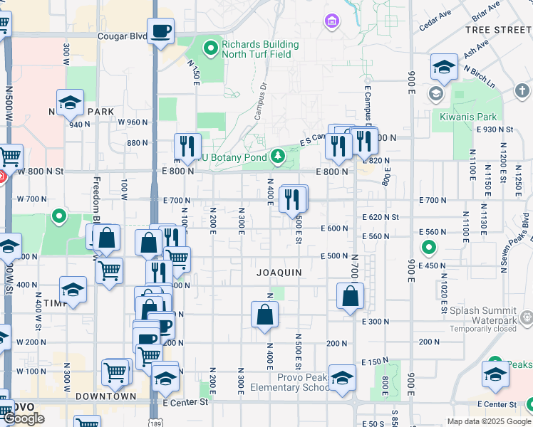 map of restaurants, bars, coffee shops, grocery stores, and more near 345 East 600 North in Provo