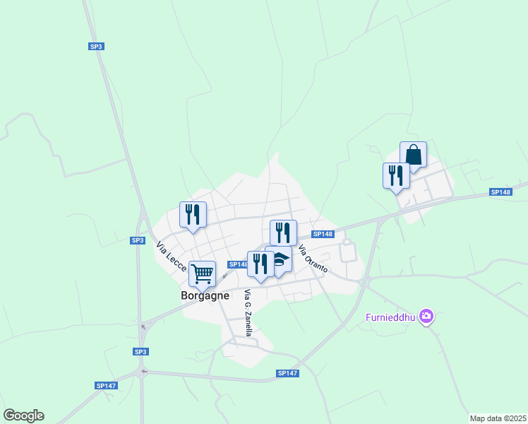 map of restaurants, bars, coffee shops, grocery stores, and more near 13 Via Guglielmo Marconi in Borgagne
