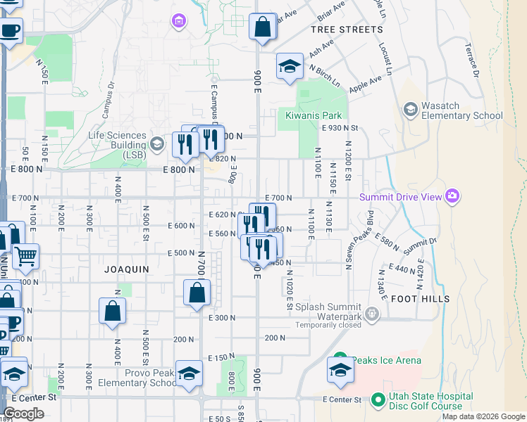 map of restaurants, bars, coffee shops, grocery stores, and more near 656 900 East in Provo