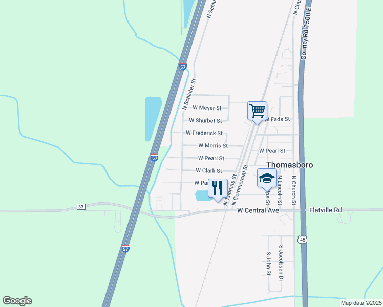 map of restaurants, bars, coffee shops, grocery stores, and more near 607 West Pearl Street in Thomasboro