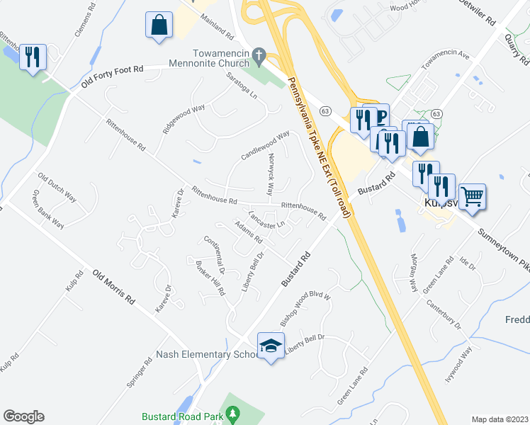 map of restaurants, bars, coffee shops, grocery stores, and more near 77 Providence Court in Harleysville