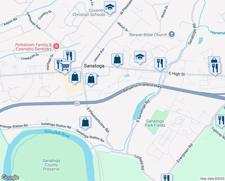 map of restaurants, bars, coffee shops, grocery stores, and more near 62 Commons Drive in Pottstown