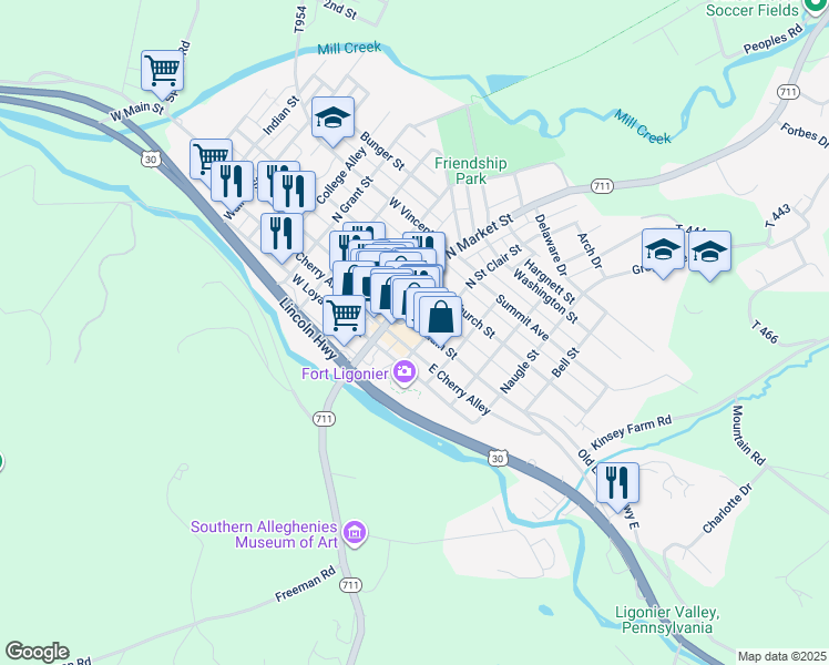 map of restaurants, bars, coffee shops, grocery stores, and more near 107 South Saint Clair Street in Ligonier
