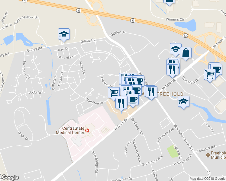 map of restaurants, bars, coffee shops, grocery stores, and more near 129 Greenwood Drive in Freehold