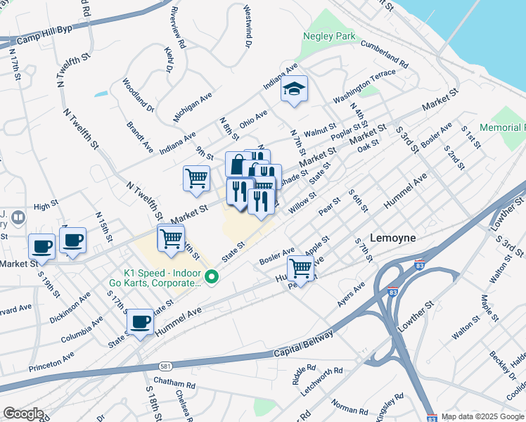 map of restaurants, bars, coffee shops, grocery stores, and more near 901-955 State St in Lemoyne