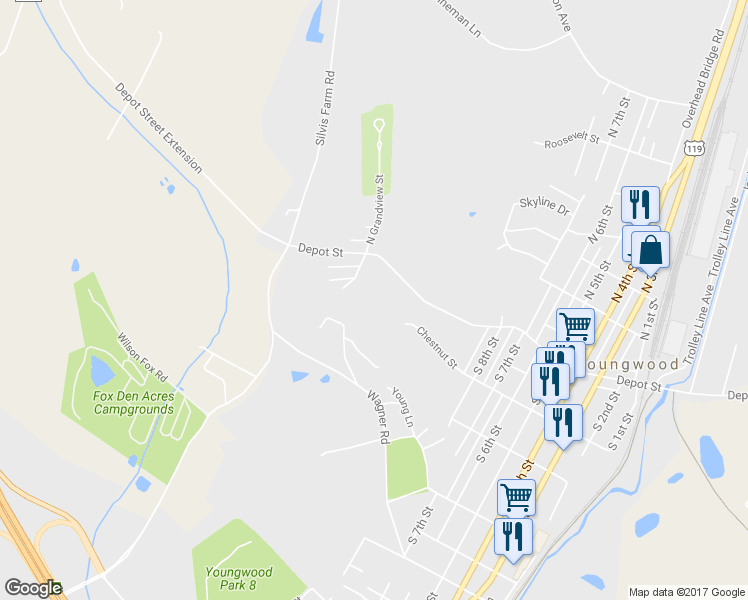 map of restaurants, bars, coffee shops, grocery stores, and more near 1100 South Grandview Street in Youngwood
